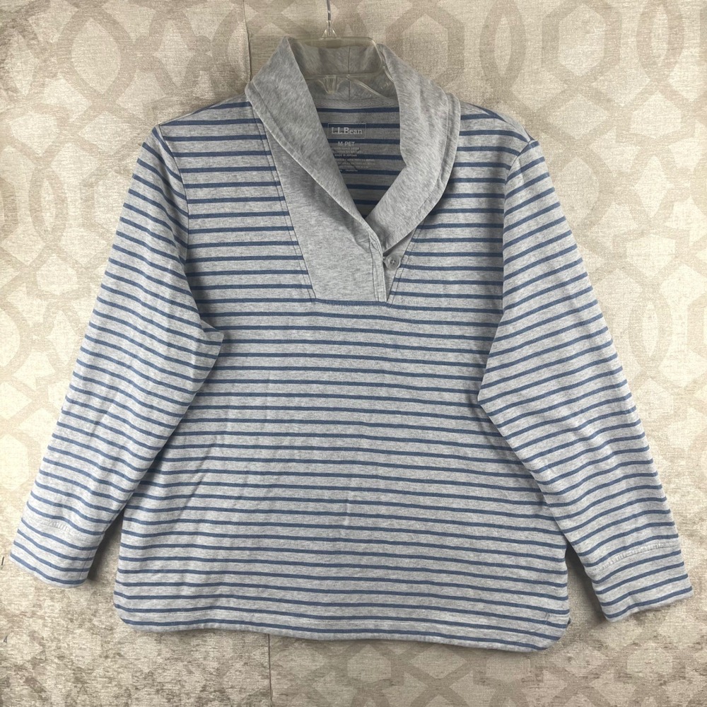 L.L.Bean Pullover Women M Pet Gray Blue Excellent Striped Shawl Collar Cotton